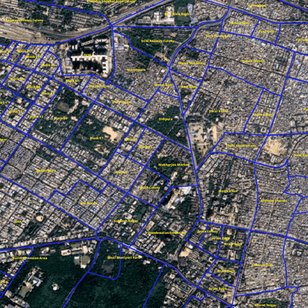 Localities and sub localities boundaries map on satellite image